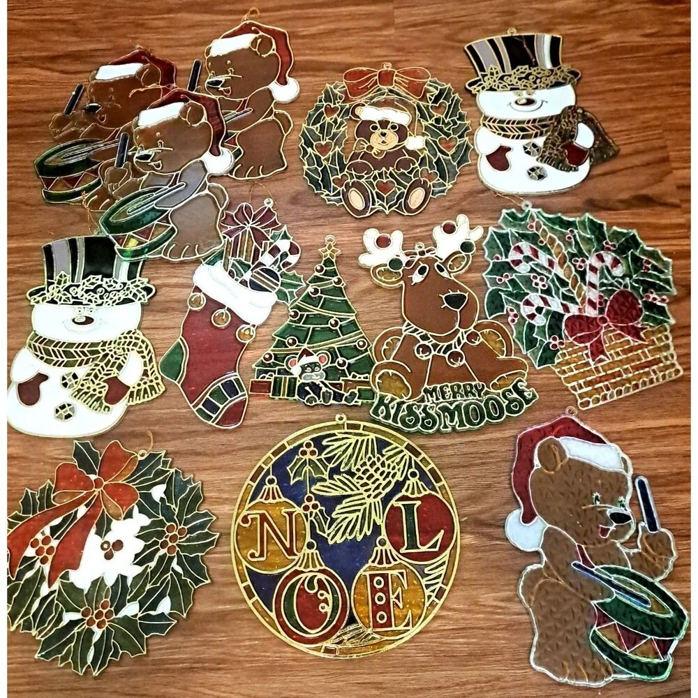 Christmas Suncatchers Window Hangers Plastic Stained Glass Style Bears Moose